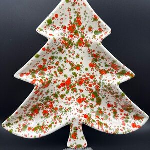 Festive Ceramic Vintage RetroTree Serving Dish - White with Red & Green Splatter
